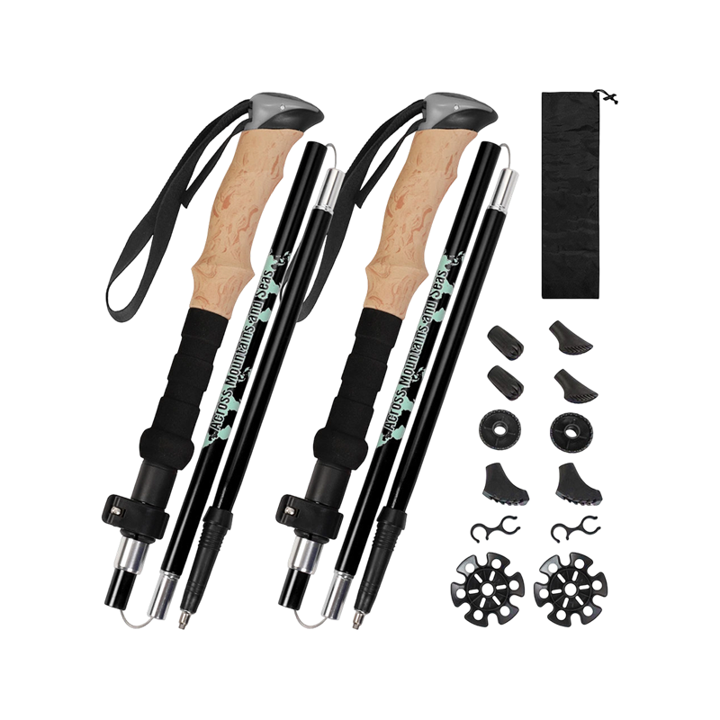 Bastón de trekking telescópico de tres secciones en aleación de aluminio, plegable con bloqueo externo y empuñadura recta Bastón de trekking telescópico de tres secciones en aleación de aluminio, plegable con bloqueo externo y empuñadura recta